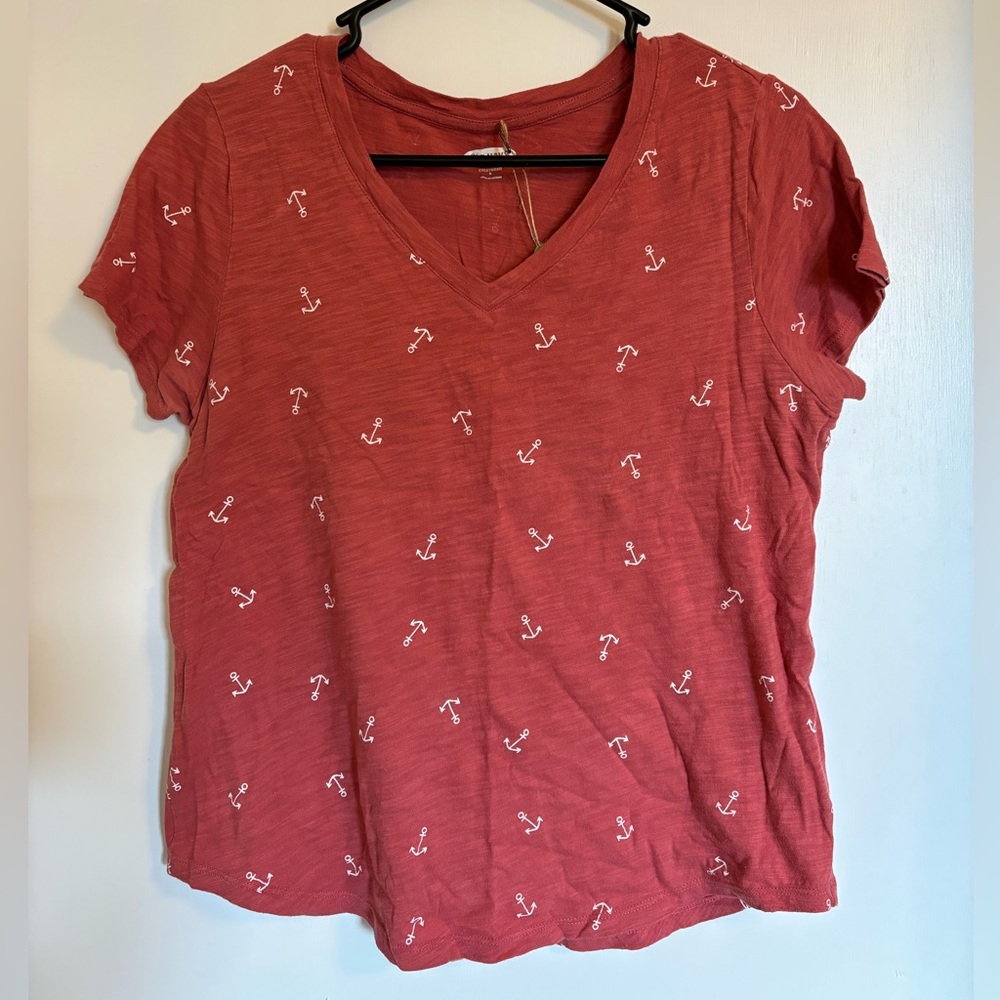 Old Navy burnt salmon burnout tshirt with white anchor pattern, size Small, EUC